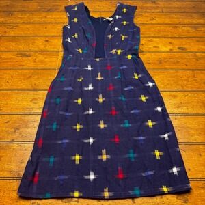 Jennifer Glasgow Navy Cotton Ikat Cross Print Sleeveless Pocket‎ Dress XS TP